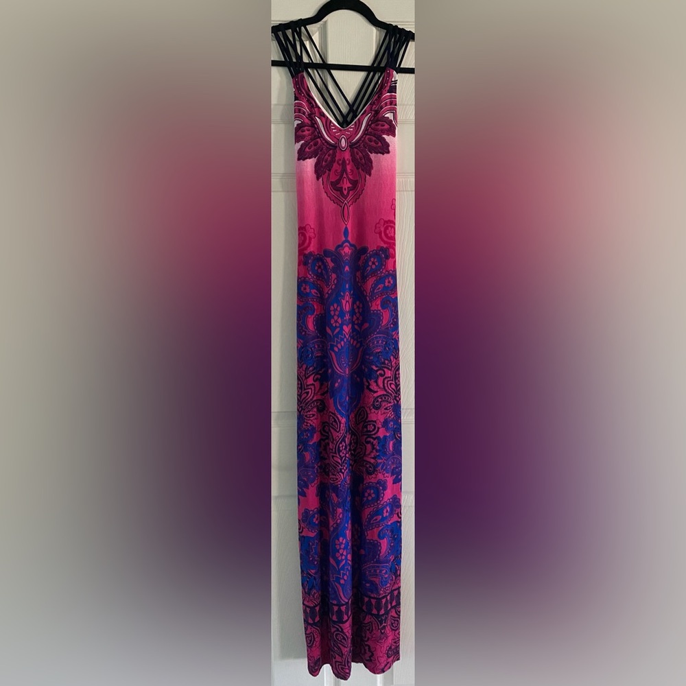 Fitted maxi dress with side slits and liner.  Fun straps.